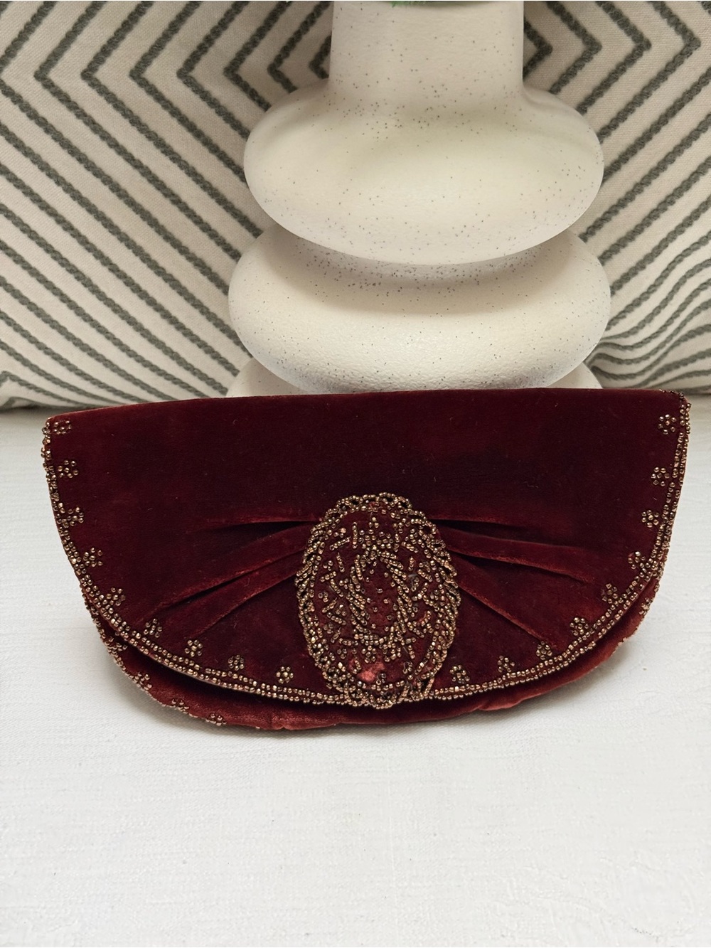 Magid Burgundy Velvet Beaded Clutch